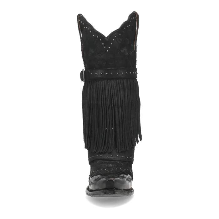Dan Post women's black leather Bed of Roses boots. Snip toe, fringe detail, and decorative stitching. Silver studs embellish the shaft. Sturdy, slightly elevated heel.
