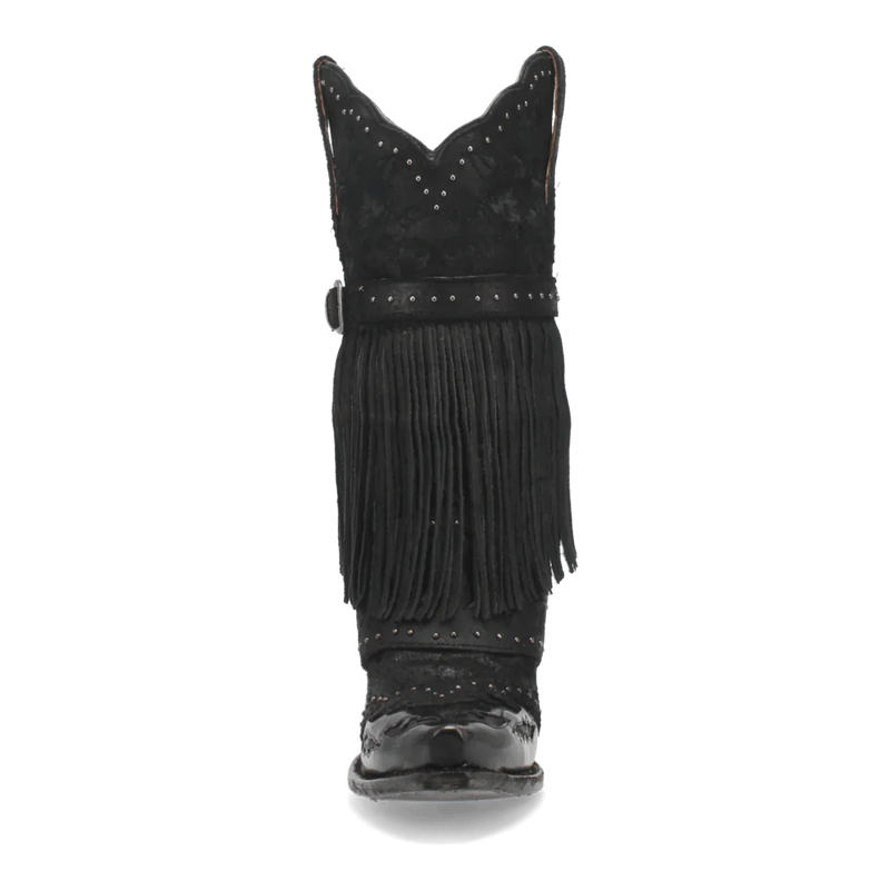 Dan Post women's black leather Bed of Roses boots. Snip toe, fringe detail, and decorative stitching. Silver studs embellish the shaft. Sturdy, slightly elevated heel.
