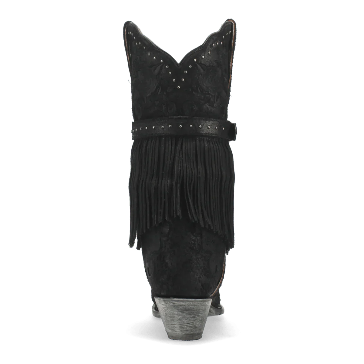 Dan Post women's Bed of Roses boots: Black leather, floral design, snip toe. Ankle fringe/studs. Block heel with metallic finish. Classic cowgirl boot silhouette, mid-calf shaft.
