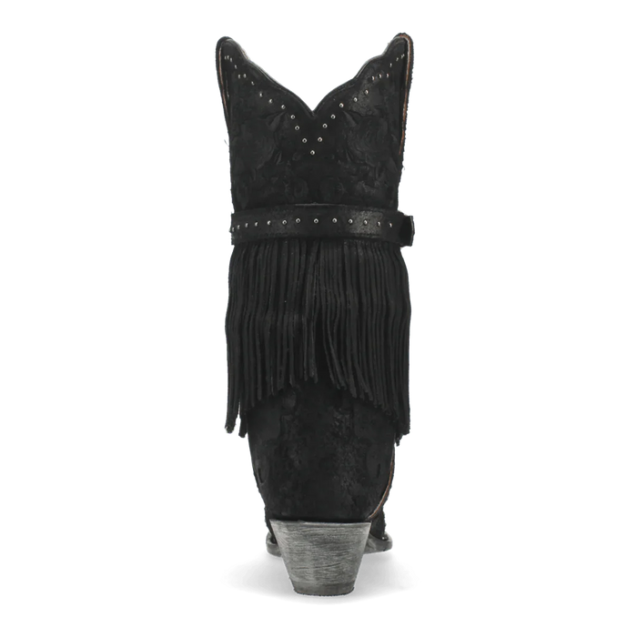 Dan Post women's Bed of Roses boots: Black leather, floral design, snip toe. Ankle fringe/studs. Block heel with metallic finish. Classic cowgirl boot silhouette, mid-calf shaft.
