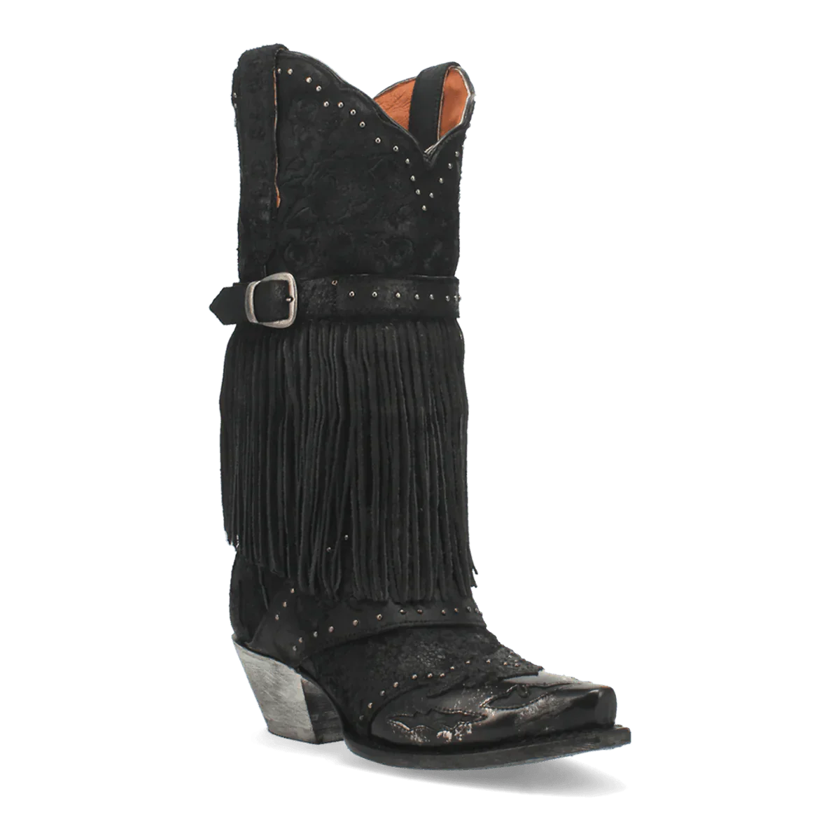 Dan Post Women's Bed of Roses boots: Black leather with a suede-like upper, fringe, and studs. Snip toe and slightly elevated heel with a metallic finish.
