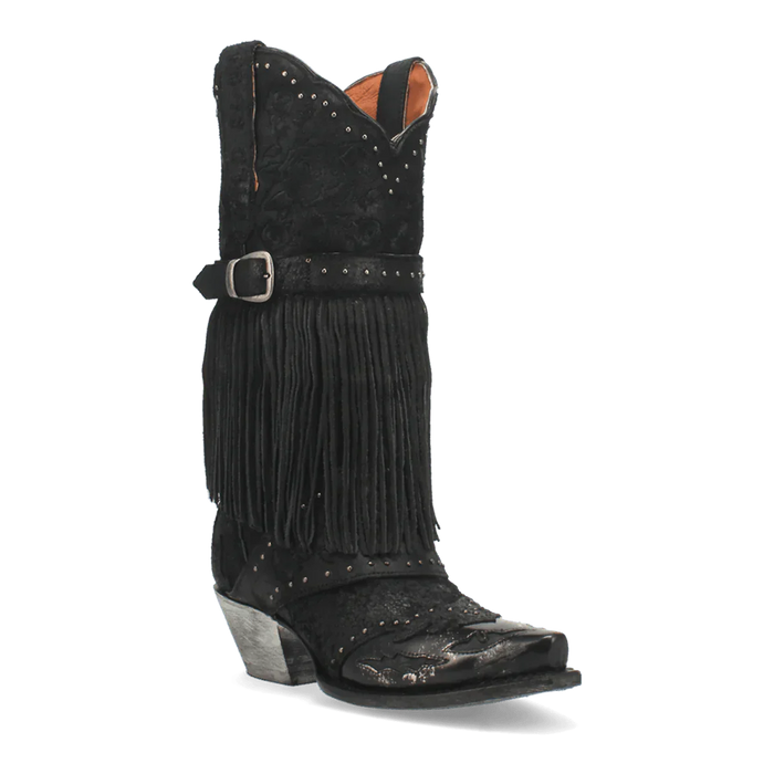Dan Post Women's Bed of Roses boots: Black leather with a suede-like upper, fringe, and studs. Snip toe and slightly elevated heel with a metallic finish.

