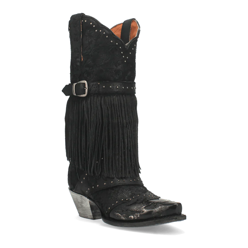 Dan Post Women's Bed of Roses boots: Black leather with a suede-like upper, fringe, and studs. Snip toe and slightly elevated heel with a metallic finish.
