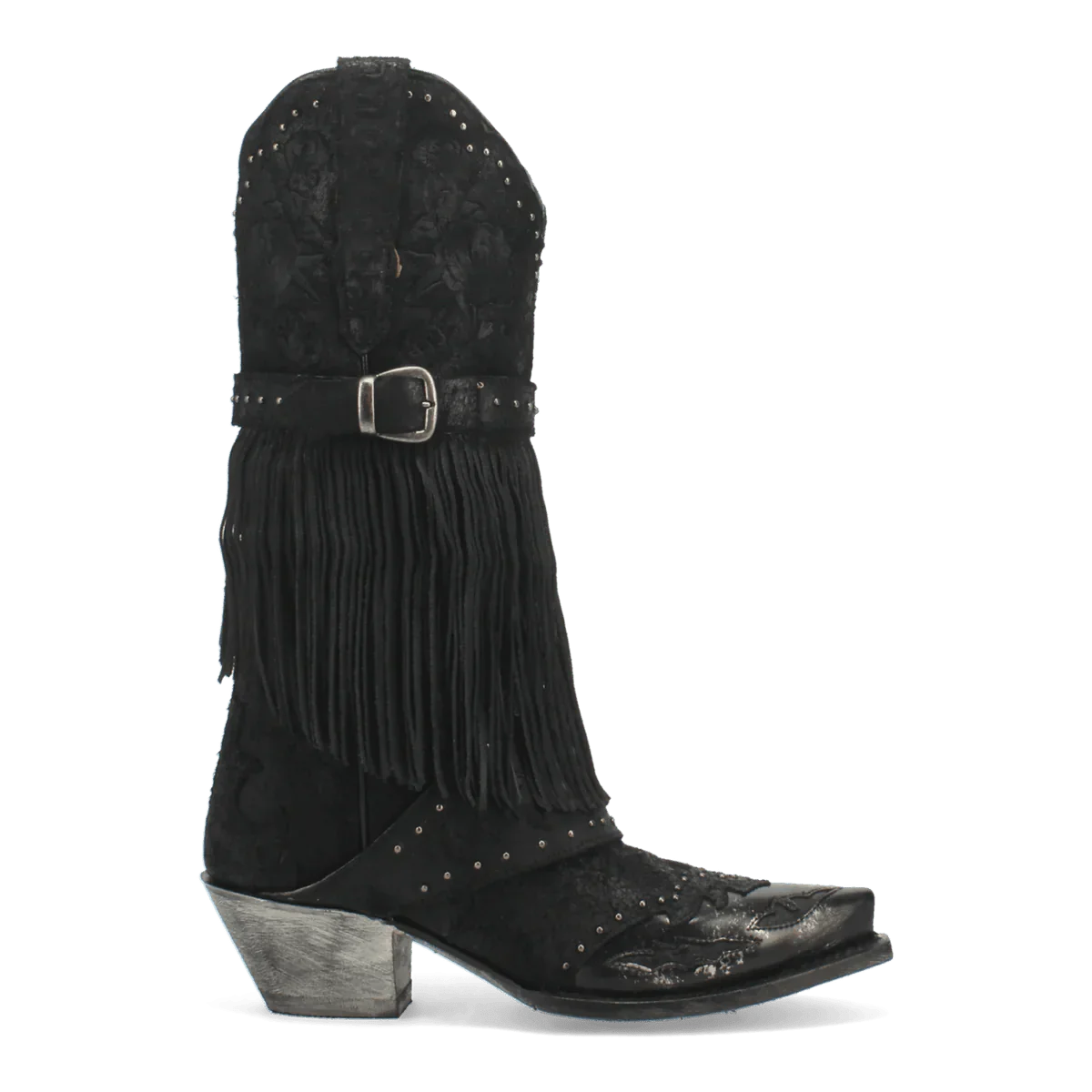 Dan Post Bed of Roses women's boots. Black leather, snip toe, fringe detailing. Floral patterns, silver studs, and a metallic heel. Decorative ankle buckle.

