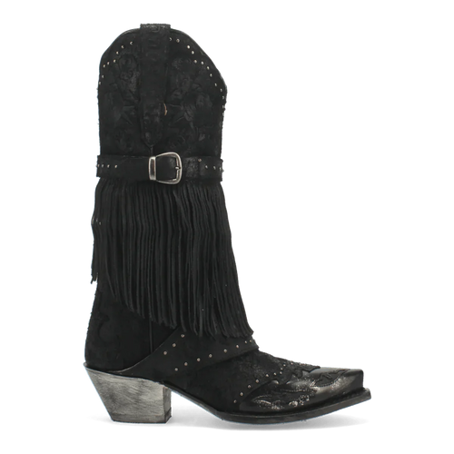 Dan Post Bed of Roses women's boots. Black leather, snip toe, fringe detailing. Floral patterns, silver studs, and a metallic heel. Decorative ankle buckle.

