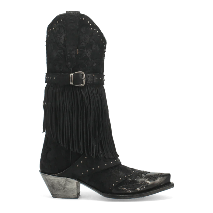 Dan Post Bed of Roses women's boots. Black leather, snip toe, fringe detailing. Floral patterns, silver studs, and a metallic heel. Decorative ankle buckle.
