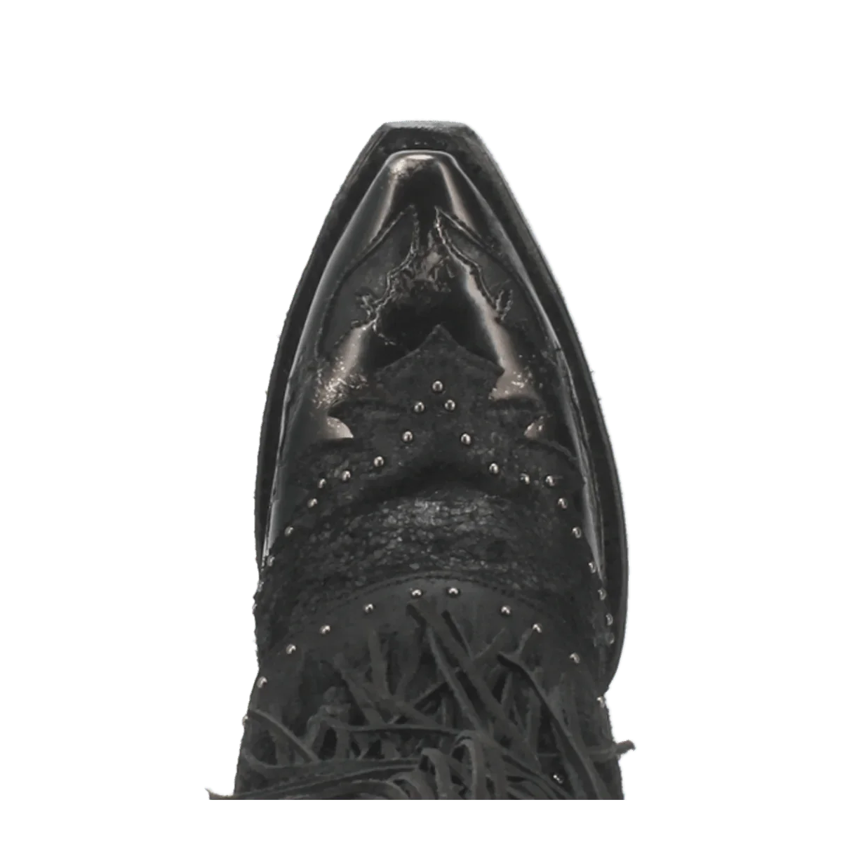 Dan Post Women's Bed of Roses black leather boots. Snip toe, decorative fringe, and metal studs.
