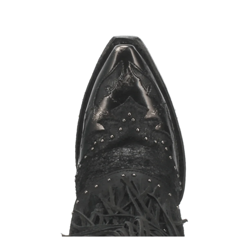 Dan Post Women's Bed of Roses black leather boots. Snip toe, decorative fringe, and metal studs.

