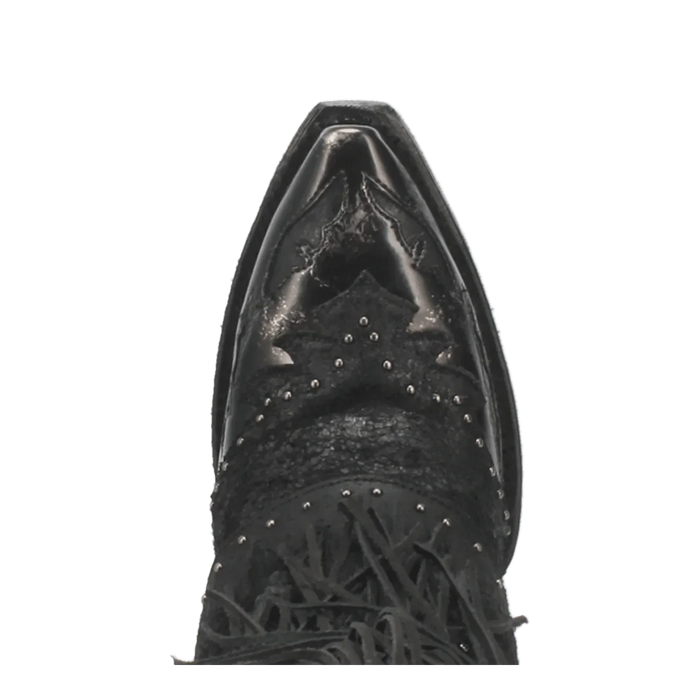 Dan Post Women's Bed of Roses black leather boots. Snip toe, decorative fringe, and metal studs.
