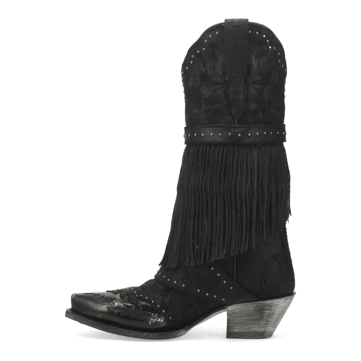 Black Dan Post Bed of Roses boots. Snip toe, high shaft with fringe. Floral embossed leather upper with studs. Metallic sole and slight heel. Western style.
