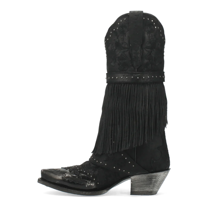 Black Dan Post Bed of Roses boots. Snip toe, high shaft with fringe. Floral embossed leather upper with studs. Metallic sole and slight heel. Western style.

