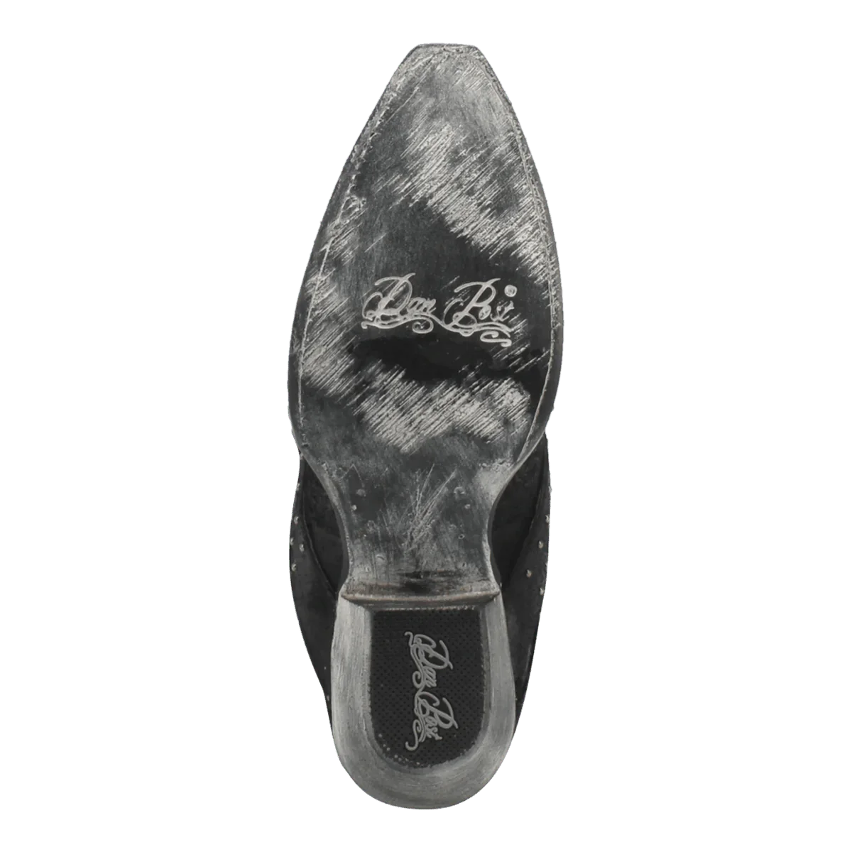 Black leather snip toe boot, bottom view. Pointed toe, flat sole, and wear markings are visible. A logo is inscribed on the surface.
