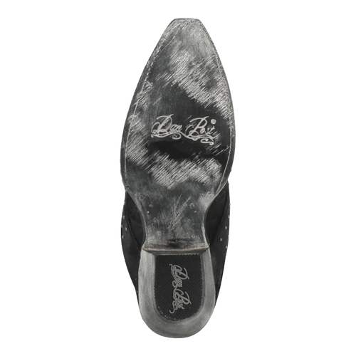 Black leather snip toe boot, bottom view. Pointed toe, flat sole, and wear markings are visible. A logo is inscribed on the surface.
