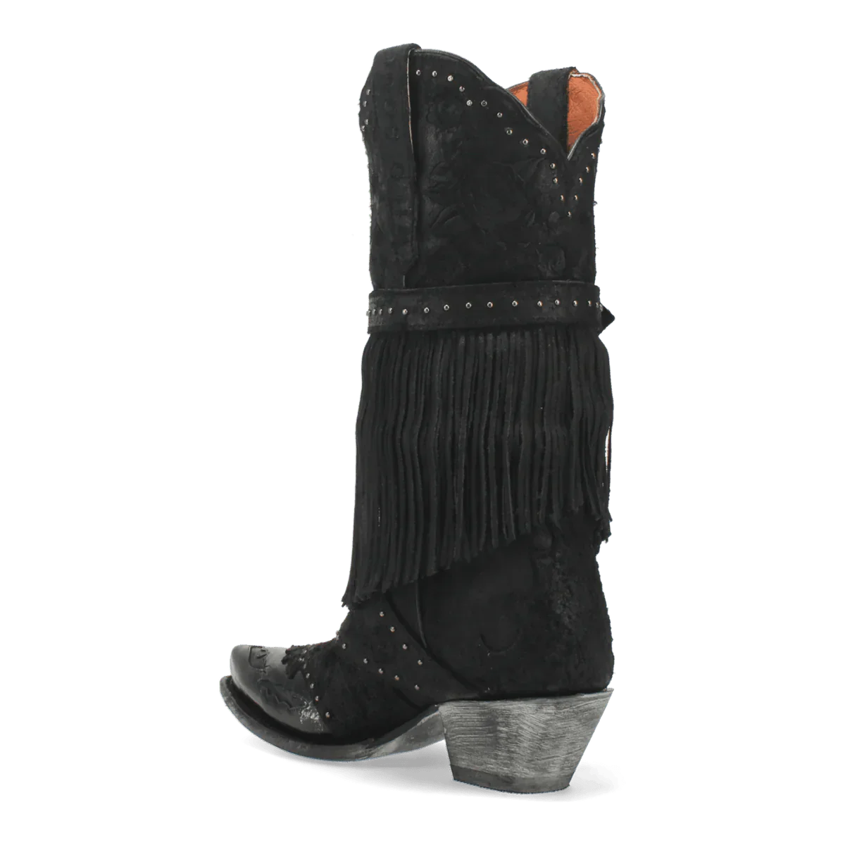 Dan Post Women's Bed of Roses boots: Black leather, floral embossing, fringe, and silver studs. Snip toe, low stacked heel, and scalloped collar create a distinctive silhouette.
