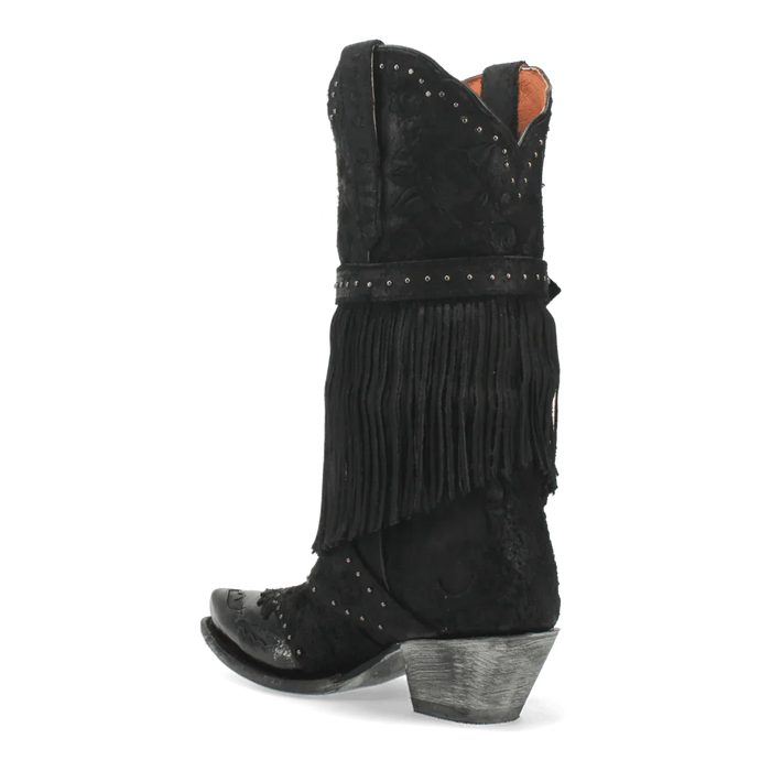 Dan Post Women's Bed of Roses boots: Black leather, floral embossing, fringe, and silver studs. Snip toe, low stacked heel, and scalloped collar create a distinctive silhouette.
