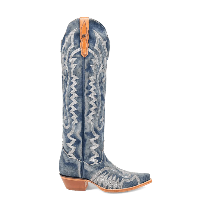 Dan Post women's Darlin boots. Tall, denim-like shaft with silver embroidery. Snip toe, short heel, and tan pull tabs. Light blue with contrasting silver design.
