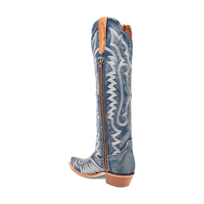 Dan Post Darlin women's tall boots: denim exterior, intricate white embroidery, side zip. Snip toe, short stacked heel in tan. Contrasting light brown top trim.
