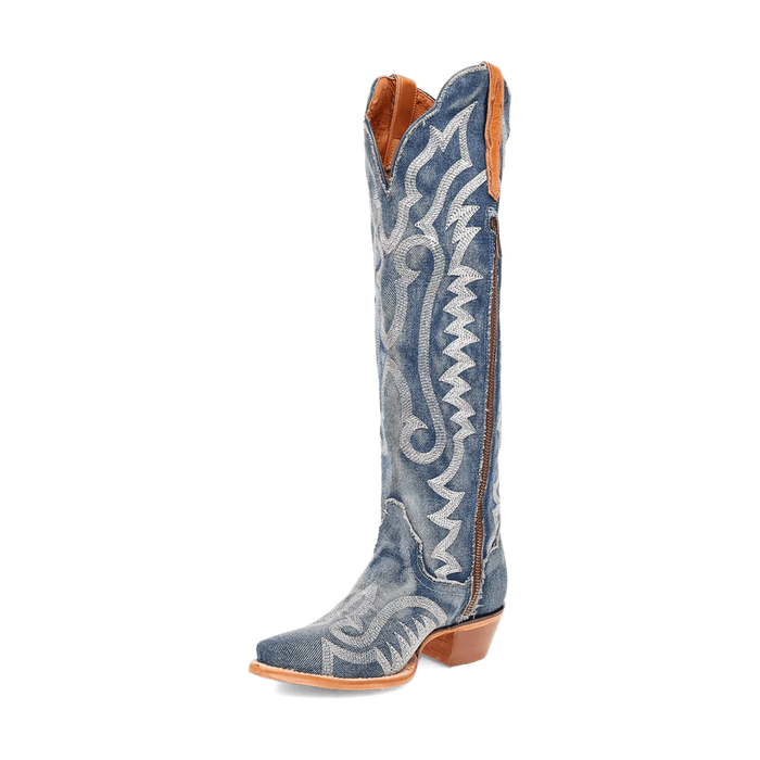 Dan Post women's denim Darlin tall boots. Blue denim upper with white stitching. Snip toe, leather foot, tall shaft, and brown leather lining. Stylish and durable.
