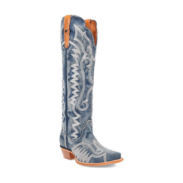 Dan Post Women's Denim Darlin boots: Tall denim design with white embroidery. Snip toe, brown leather upper, and a contrasting lighter sole.
