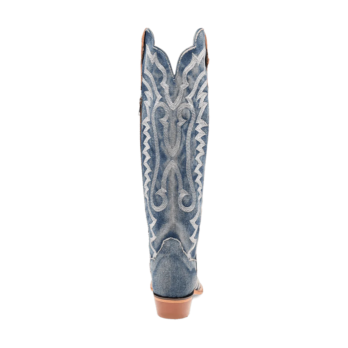 Dan Post Women's Denim Darlin boots: tall, blue denim shaft with white stitching, snip toe, and tan leather heel. Stylish contrast and quality craftsmanship.
