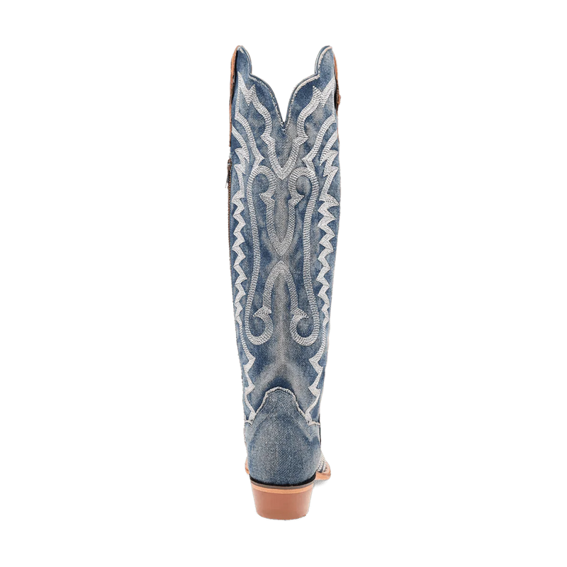 Dan Post Women's Denim Darlin boots: tall, blue denim shaft with white stitching, snip toe, and tan leather heel. Stylish contrast and quality craftsmanship.

