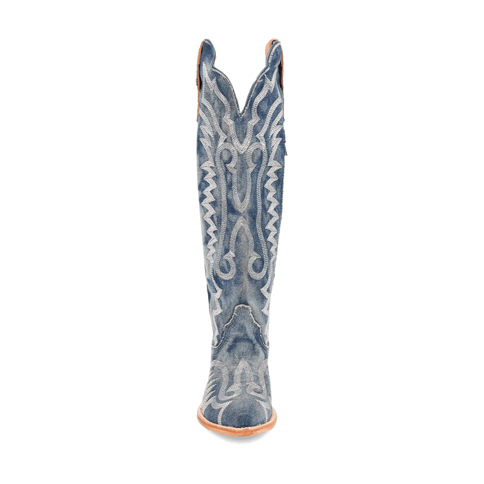 Dan Post women's Darlin boots. Tall shaft, snip toe, and denim upper with white embroidery. Tan sole and outsole. Leather.

