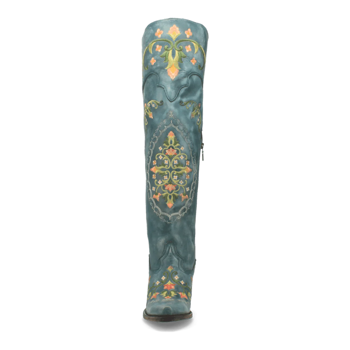 Dan Post Flower Child women's tall leather boots. Turquoise leather with floral embroidery in orange, yellow, and green. Snip toe design with decorative pattern on shaft and base.

