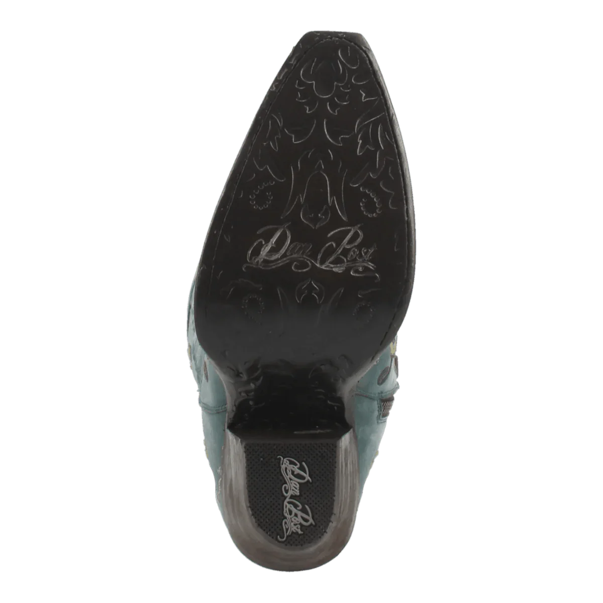 Dan Post Flower Child women's tall boots: Turquoise leather upper with decorative stitching. Black sole with engraved floral pattern and logo. Snip toe.
