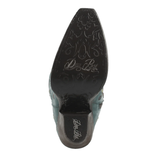 Dan Post Flower Child women's tall boots: Turquoise leather upper with decorative stitching. Black sole with engraved floral pattern and logo. Snip toe.
