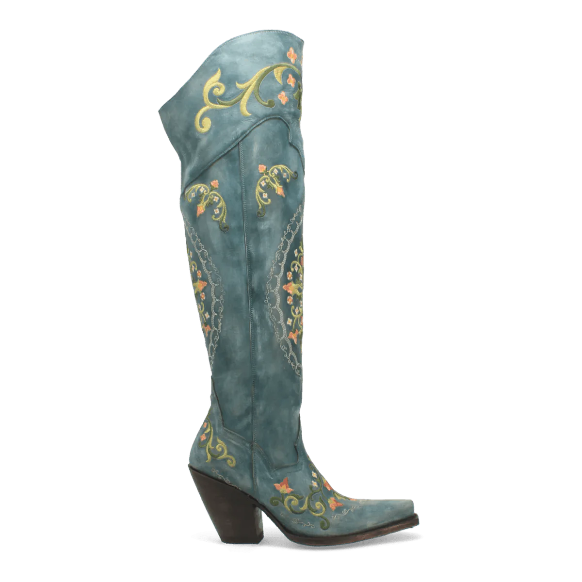 Dan Post Flower Child boots: Women's snip toe leather boots. Turquoise leather, tall shaft, slight heel. Intricate yellow & coral floral embroidery.
