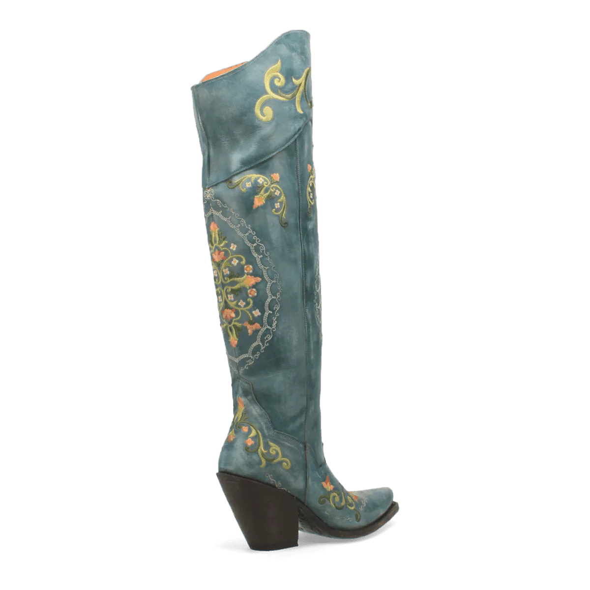 Dan Post Flower Child women's tall boots. Turquoise leather with floral embroidery (yellow, orange, green). Snip toe, block heel, smooth finish with a slight sheen.
