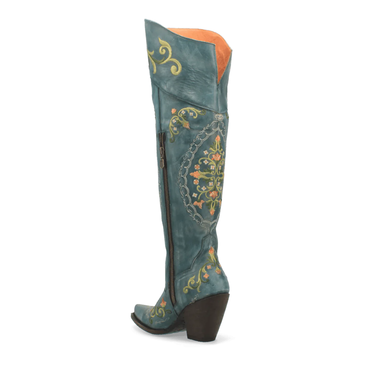 Dan Post Flower Child boots: turquoise leather, floral embroidery, snip toe, high shaft. Brown heel, side zipper. Orange lining, detailed stitching.
