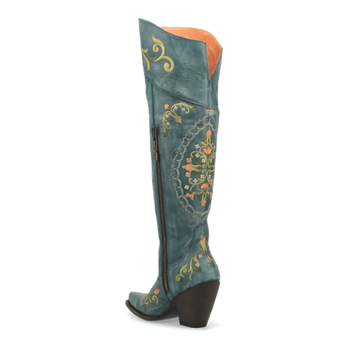 Dan Post Flower Child boots: turquoise leather, floral embroidery, snip toe, high shaft. Brown heel, side zipper. Orange lining, detailed stitching.
