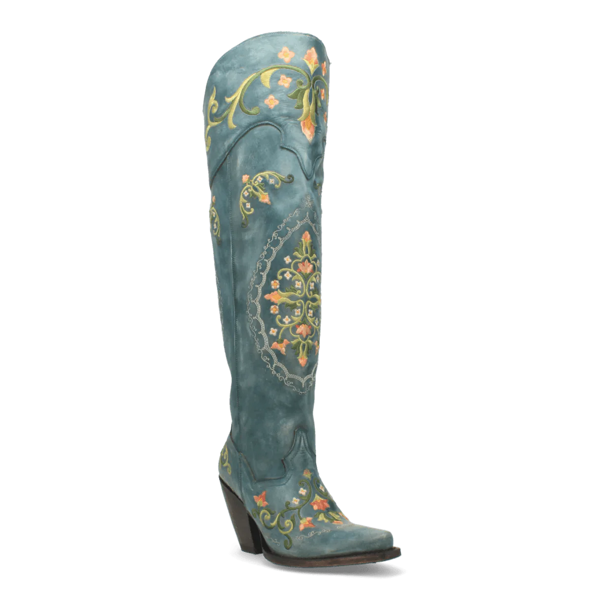 Dan Post Women's Flower Child boots: turquoise leather, snip toe, tall. Floral embroidery (orange, green) adorns the shaft and foot. Slightly raised heel.
