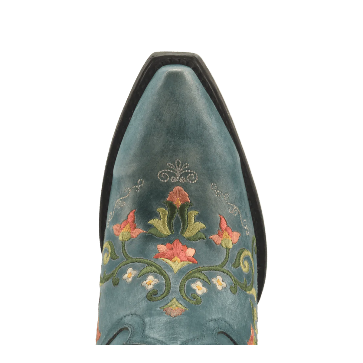 Dan Post women's "Flower Child" boots. Turquoise leather, floral embroidery (pink, green, yellow). Snip toe with a black heel.
