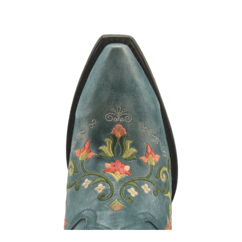 Dan Post women's "Flower Child" boots. Turquoise leather, floral embroidery (pink, green, yellow). Snip toe with a black heel.
