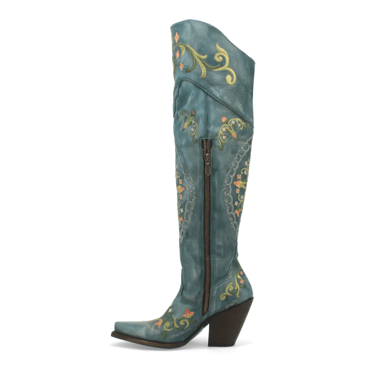 Dan Post Flower Child snip toe women's tall boots: turquoise leather, embroidered florals, pointed toe, angled heel, zipper closure. Decorative stitching and tall silhouette.
