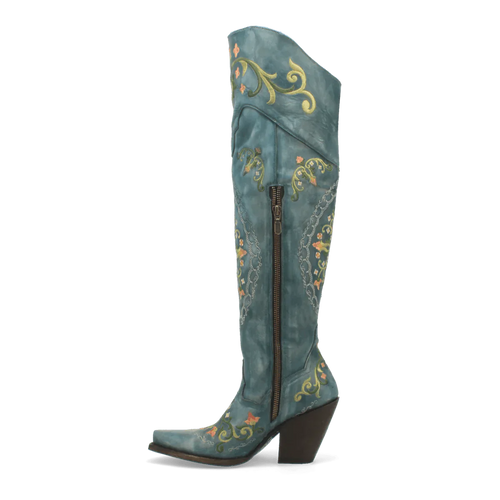 Dan Post Flower Child snip toe women's tall boots: turquoise leather, embroidered florals, pointed toe, angled heel, zipper closure. Decorative stitching and tall silhouette.
