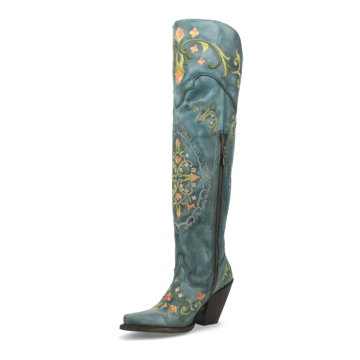 Dan Post Flower Child boots: Turquoise leather tall boots with floral embroidery. Snip toe, wedge heel, and side zipper. Western-contemporary design blend.
