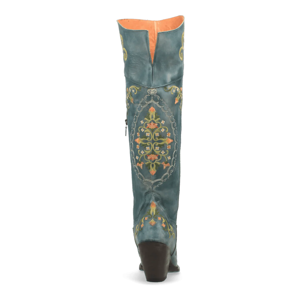 Dan Post Flower Child boots: Turquoise leather with floral embroidery. Snip toe, tall profile. Slight V-cut top. Stacked brown heel. Spacious shaft.
