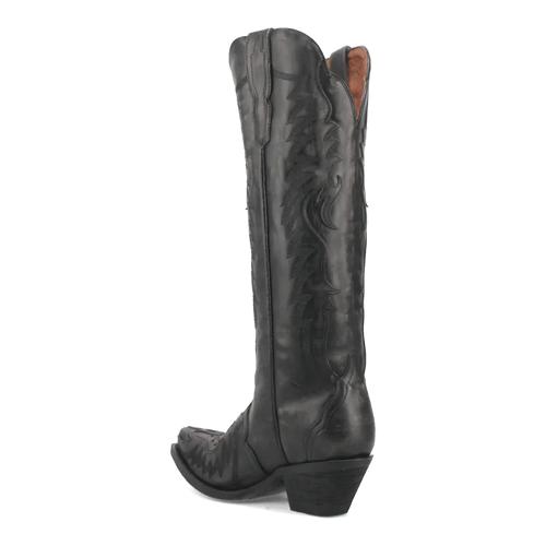 Dan Post Women's Hallie boots: Tall black leather with snip toe and decorative stitching. Textured shaft back, brown interior lining, and a stable, short chunky heel.
