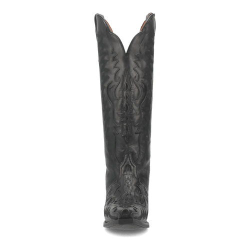 Dan Post women's Hallie boots in black leather. Tall shaft with intricate stitching, snip toe, and angled heel. Smooth, matte finish. V-shaped opening for a distinct silhouette.
