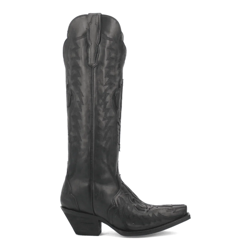 Dan Post Hallie women's tall black leather boots with a snip toe. Embossed zigzag sides, angled, flared heel. Distinctive Western style.
