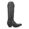 Dan Post Hallie women's tall black leather boots with a snip toe. Embossed zigzag sides, angled, flared heel. Distinctive Western style.
