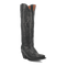Dan Post Hallie women's tall boots. Black leather with snip toe and intricate stitching. Pointed toe, slight heel, structured silhouette. Tan interior lining visible at top.
