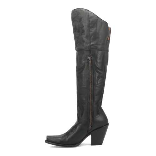 Dan Post Jilted women's tall boots in black leather. Snip toe design with a tall, slightly curved shaft. Features a side zipper and decorative stitching. Block heel.
