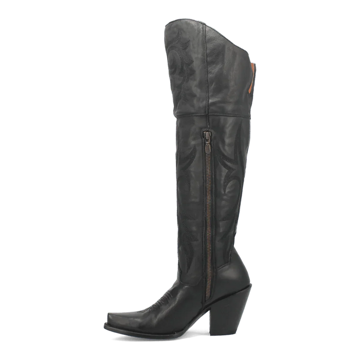 Dan Post Jilted women's tall boots in black leather. Snip toe design with a tall, slightly curved shaft. Features a side zipper and decorative stitching. Block heel.
