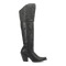 Dan Post Jilted women's tall boots: Black leather, embossed floral patterns, snip toe, and chunky heel. Fitted shaft, tapered toe design.
