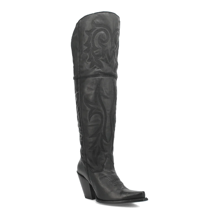 Dan Post Jilted women's black leather tall boots. Snip toe, fitted upper, pronounced heel, and decorative stitching. A stylish and comfortable choice.
