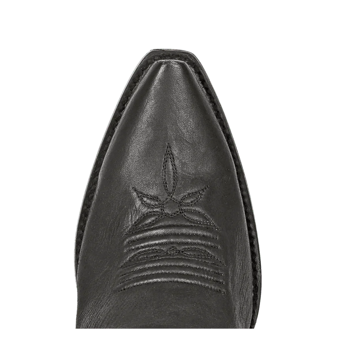 Dan Post Jilted women's tall boots. Black leather with a snip toe and embossed floral toe design. Stylish and durable.
